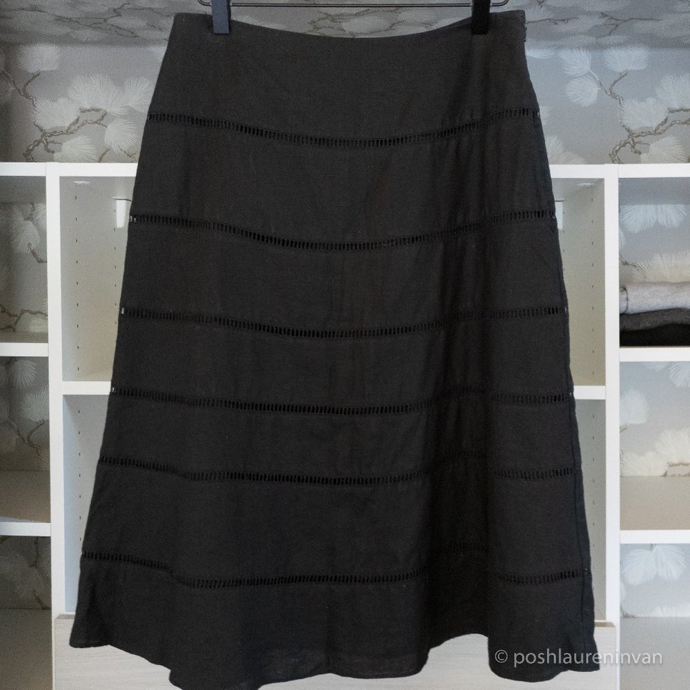 Hobbs Black 100% Linen A-Line Midi Skirt US 6 Quiet Luxury Minimalist Natural